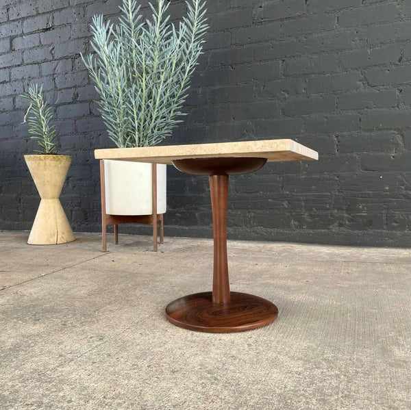 Mid-Century Modern Travertine Top with Tulip Base Side Table