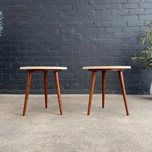 Pair of Mid-Century Modern Tripod Side Tables with Travertine Stone Tops