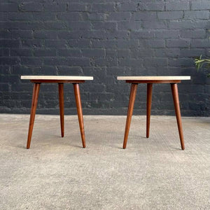Pair of Mid-Century Modern Tripod Side Tables with Travertine Stone Tops