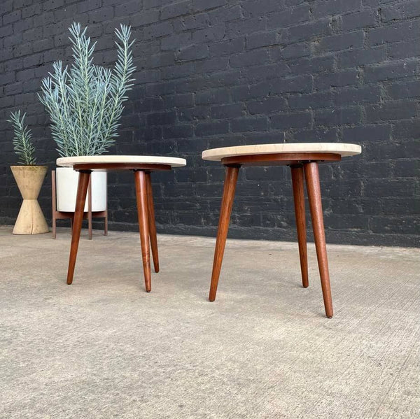 Pair of Mid-Century Modern Tripod Side Tables with Travertine Stone Tops