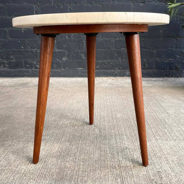 Pair of Mid-Century Modern Tripod Side Tables with Travertine Stone Tops