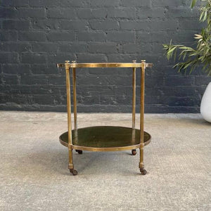Vintage Brass Accent Rolling Side Table with Leather Tops