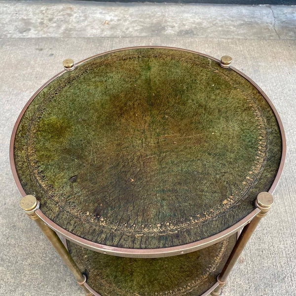 Vintage Brass Accent Rolling Side Table with Leather Tops