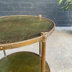 Vintage Brass Accent Rolling Side Table with Leather Tops