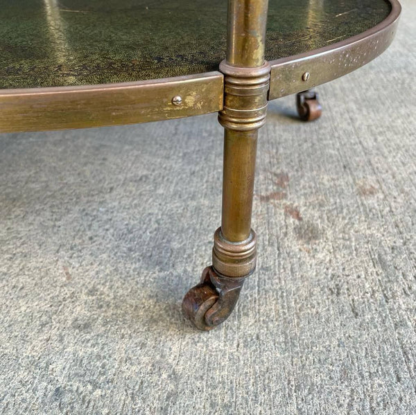 Vintage Brass Accent Rolling Side Table with Leather Tops