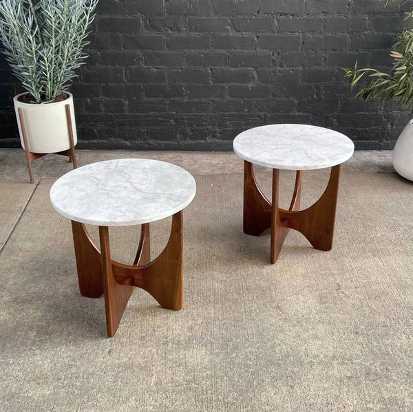 Pair of Mid-Century Modern Custom Sculpted Side Tables with Carrara Marble Tops