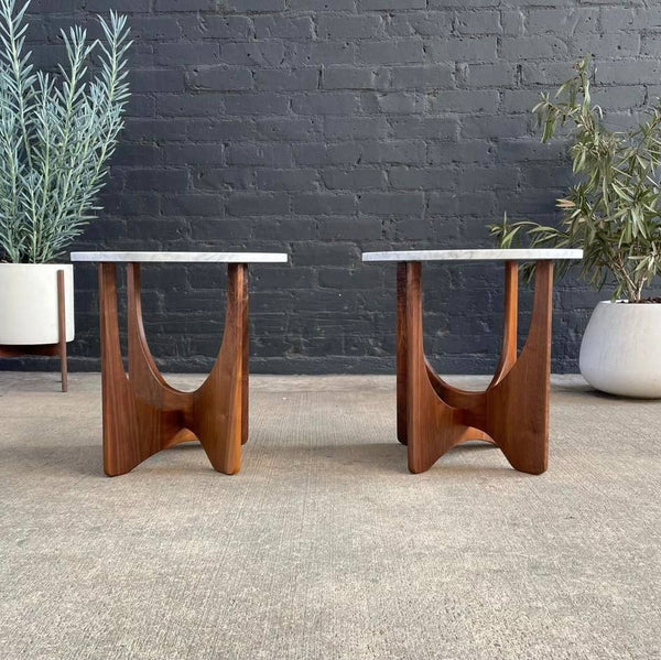Pair of Mid-Century Modern Custom Sculpted Side Tables with Carrara Marble Tops