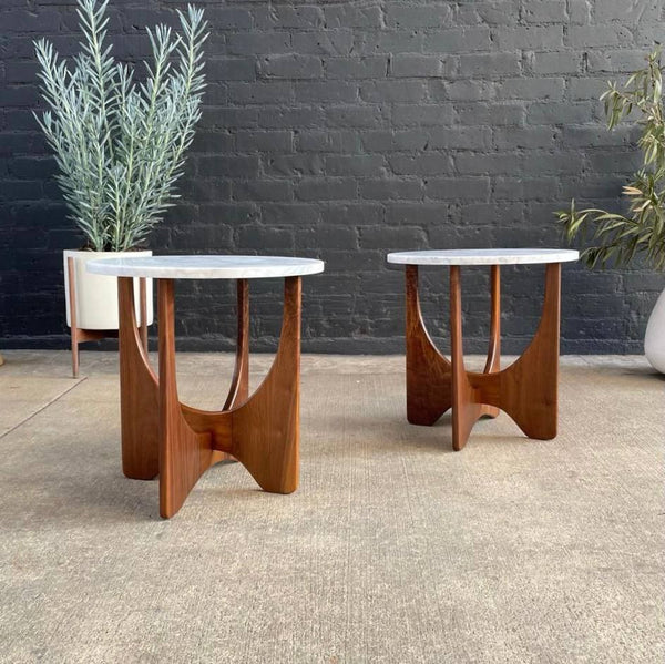 Pair of Mid-Century Modern Custom Sculpted Side Tables with Carrara Marble Tops