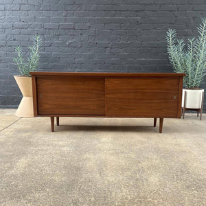 Mid-Century Modern Walnut Credenza with Sliding Doors and Finished Back, c.1960’s