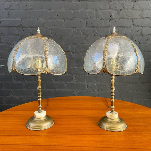Pair of Antique Patinated Brass & Glass Table Lamps