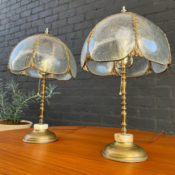 Pair of Antique Patinated Brass & Glass Table Lamps