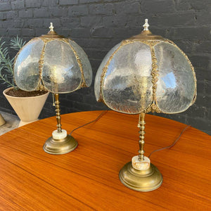 Pair of Antique Patinated Brass & Glass Table Lamps