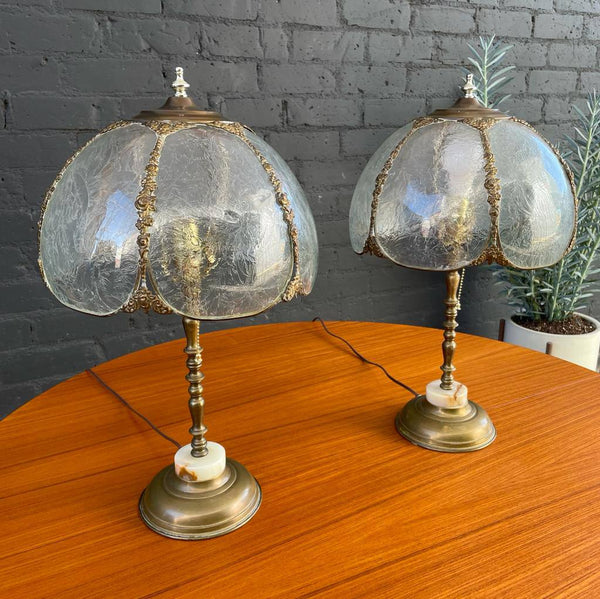 Pair of Antique Patinated Brass & Glass Table Lamps
