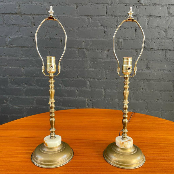 Pair of Antique Patinated Brass & Glass Table Lamps