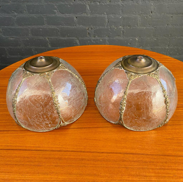 Pair of Antique Patinated Brass & Glass Table Lamps