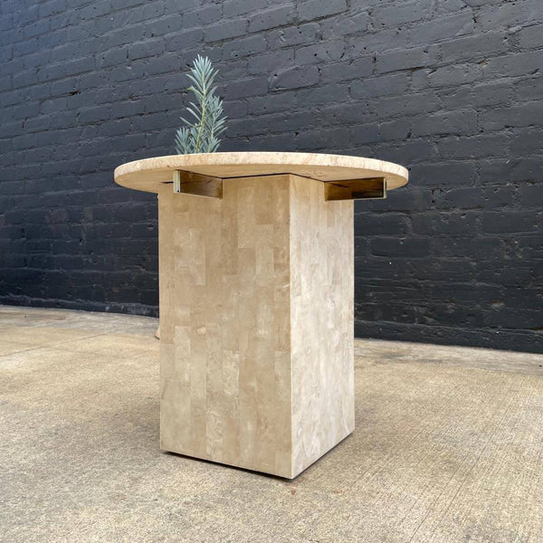 Vintage Travertine Stone Side Table with Brass Accent, c.1970’s