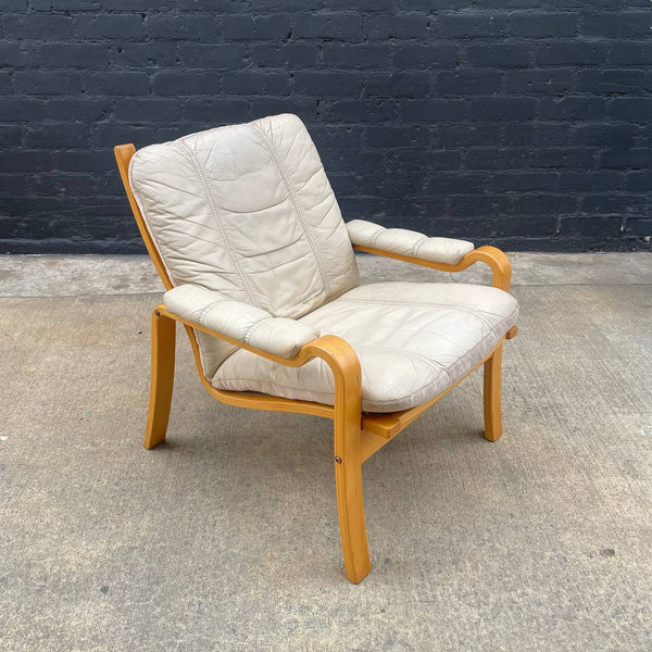 Vintage Mid-Century Modern Cream Leather & Bent Wood Lounge Chair, c.1970’s