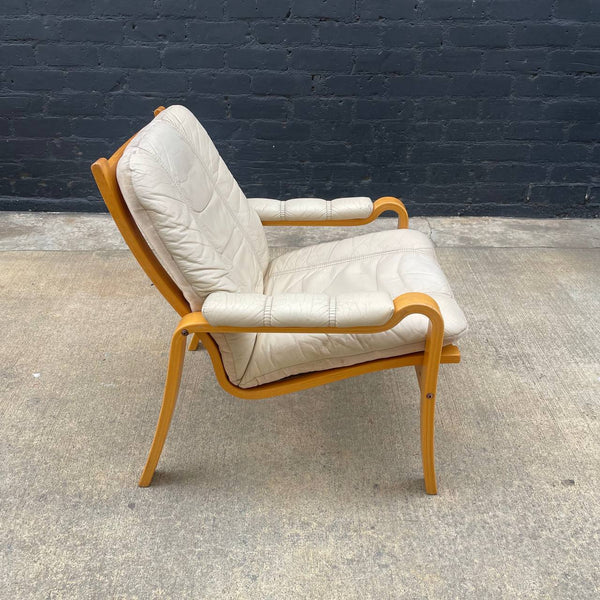 Vintage Mid-Century Modern Cream Leather & Bent Wood Lounge Chair, c.1970’s