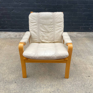 Vintage Mid-Century Modern Cream Leather & Bent Wood Lounge Chair, c.1970’s