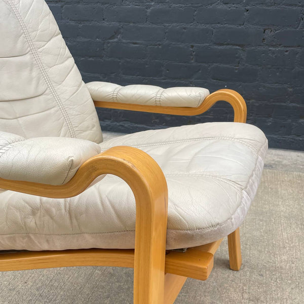 Vintage Mid-Century Modern Cream Leather & Bent Wood Lounge Chair, c.1970’s