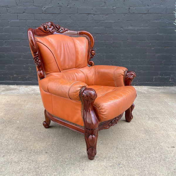 Vintage American Hand Carved & Cognac Leather Lounge Chair, c.1970’s