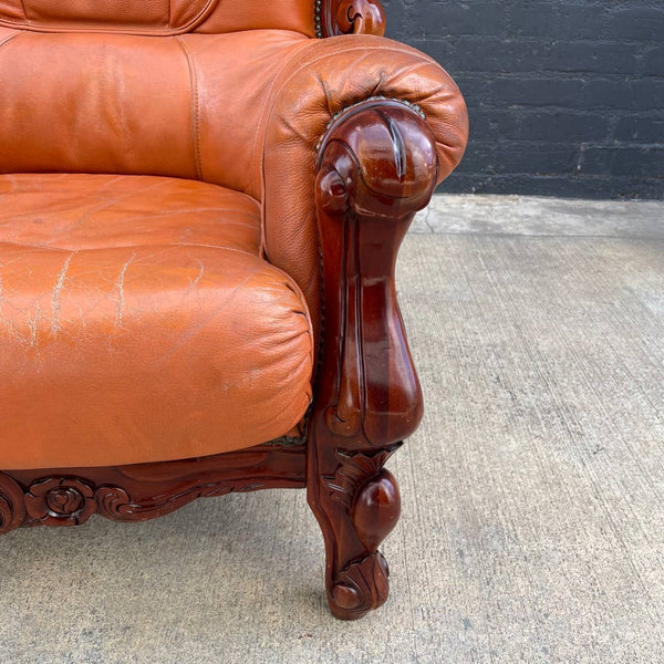 Vintage American Hand Carved & Cognac Leather Lounge Chair, c.1970’s