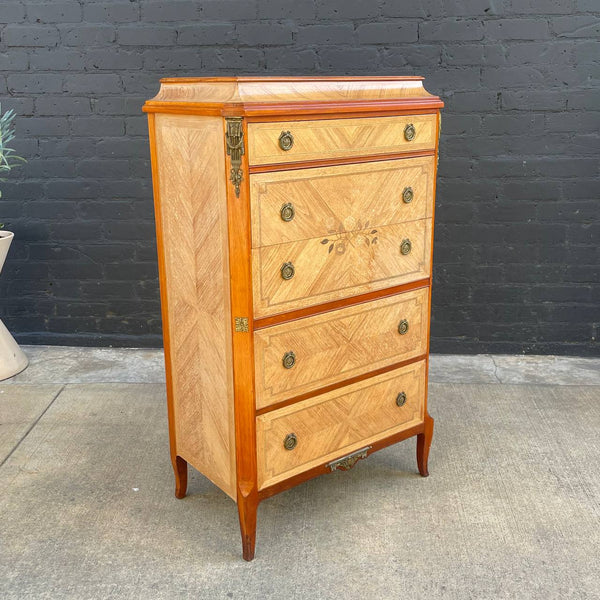 French Antique Highboy Chest of Drawers with Brass Detail Accents, c.1950’s