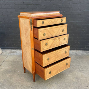 French Antique Highboy Chest of Drawers with Brass Detail Accents, c.1950’s