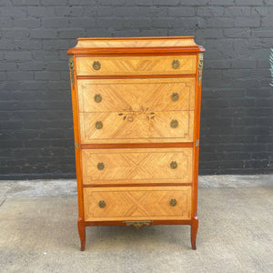 French Antique Highboy Chest of Drawers with Brass Detail Accents, c.1950’s