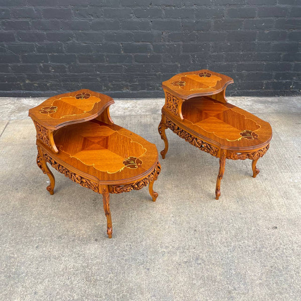 Pair of Antique French Provincial Carved Mahogany Two-Tier Side Tables, c.1960’s