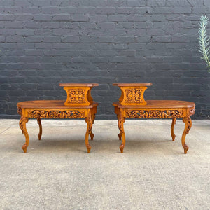 Pair of Antique French Provincial Carved Mahogany Two-Tier Side Tables, c.1960’s