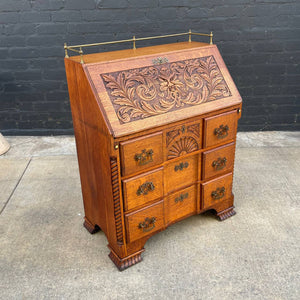American Antique Carved Oak Wood Drop-Down Secretary Desk, c.1950’s