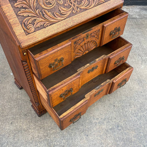 American Antique Carved Oak Wood Drop-Down Secretary Desk, c.1950’s