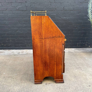 American Antique Carved Oak Wood Drop-Down Secretary Desk, c.1950’s