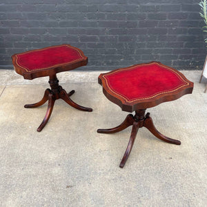 Pair of American Antique Mahogany Side Tables with Gilt-Tooled Burgundy Red Leather Top, c.1950’s