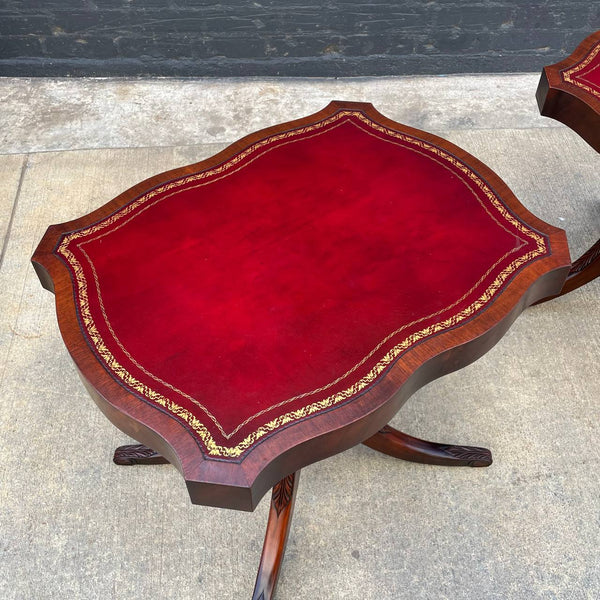 Pair of American Antique Mahogany Side Tables with Gilt-Tooled Burgundy Red Leather Top, c.1950’s