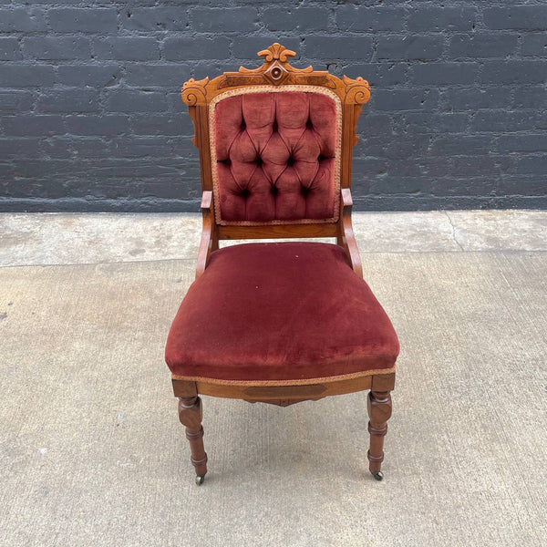 Eastlake American Antique Side Desk Chair with Burgundy Upholstery, c.1930’s