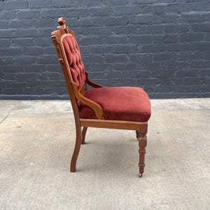Eastlake American Antique Side Desk Chair with Burgundy Upholstery, c.1930’s