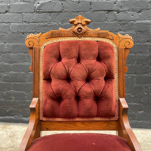 Eastlake American Antique Side Desk Chair with Burgundy Upholstery, c.1930’s
