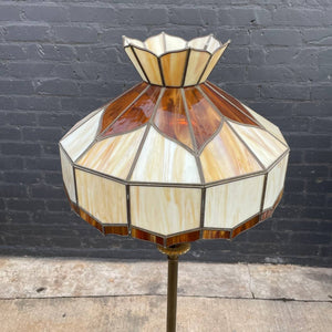 Antique Bronze Arts & Crafts Tiffany Glass Shade Tripod Floor Lamp, c.1960’s