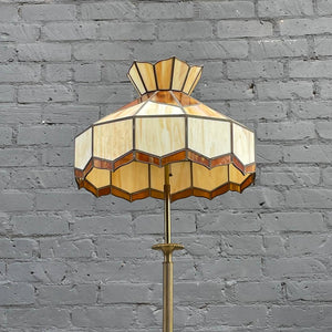Antique Bronze Arts & Crafts Tiffany Glass Shade Tripod Floor Lamp, c.1960’s