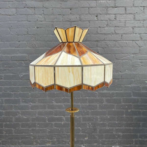 Antique Bronze Arts & Crafts Tiffany Glass Shade Tripod Floor Lamp, c.1960’s