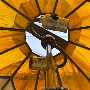 Antique Bronze Arts & Crafts Tiffany Glass Shade Tripod Floor Lamp, c.1960’s