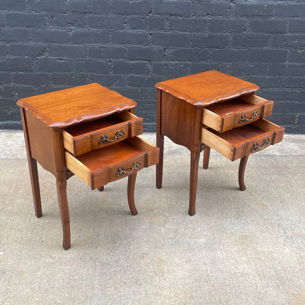 Pair of Antique French Provincial Carved Cherry Night Stands End Tables, c.1960’s