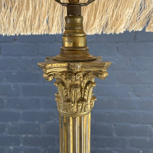Antique Corinthian Column Brass Floor Lamp with Claw Feet & Original Shade, c.1950’s