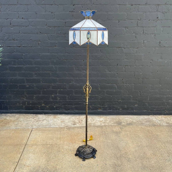 Antique Column Brass Floor Lamp & Original Tiffany Glass Style Shade, c.1970’s