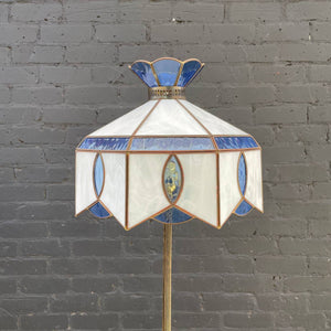 Antique Column Brass Floor Lamp & Original Tiffany Glass Style Shade, c.1970’s