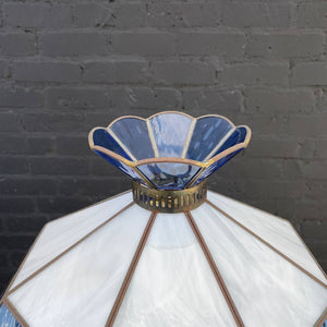 Antique Column Brass Floor Lamp & Original Tiffany Glass Style Shade, c.1970’s