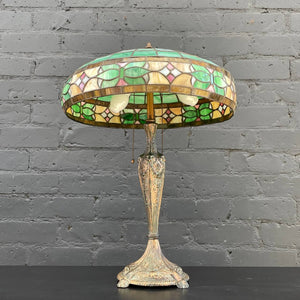 Antique Bronze Table Lamp & Original Tiffany Glass Style Shade, c.1930’s