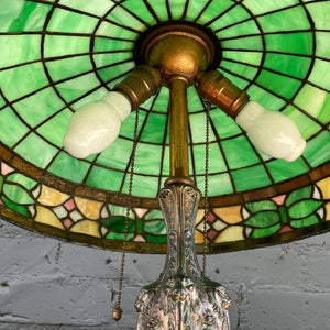 Antique Bronze Table Lamp & Original Tiffany Glass Style Shade, c.1930’s